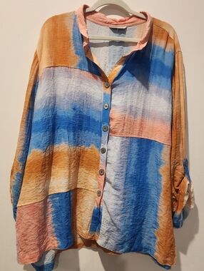 John Mark Ombre Patchwork Button Top 2X? Multicolor Roll Tab Sleeve No Sz Tag